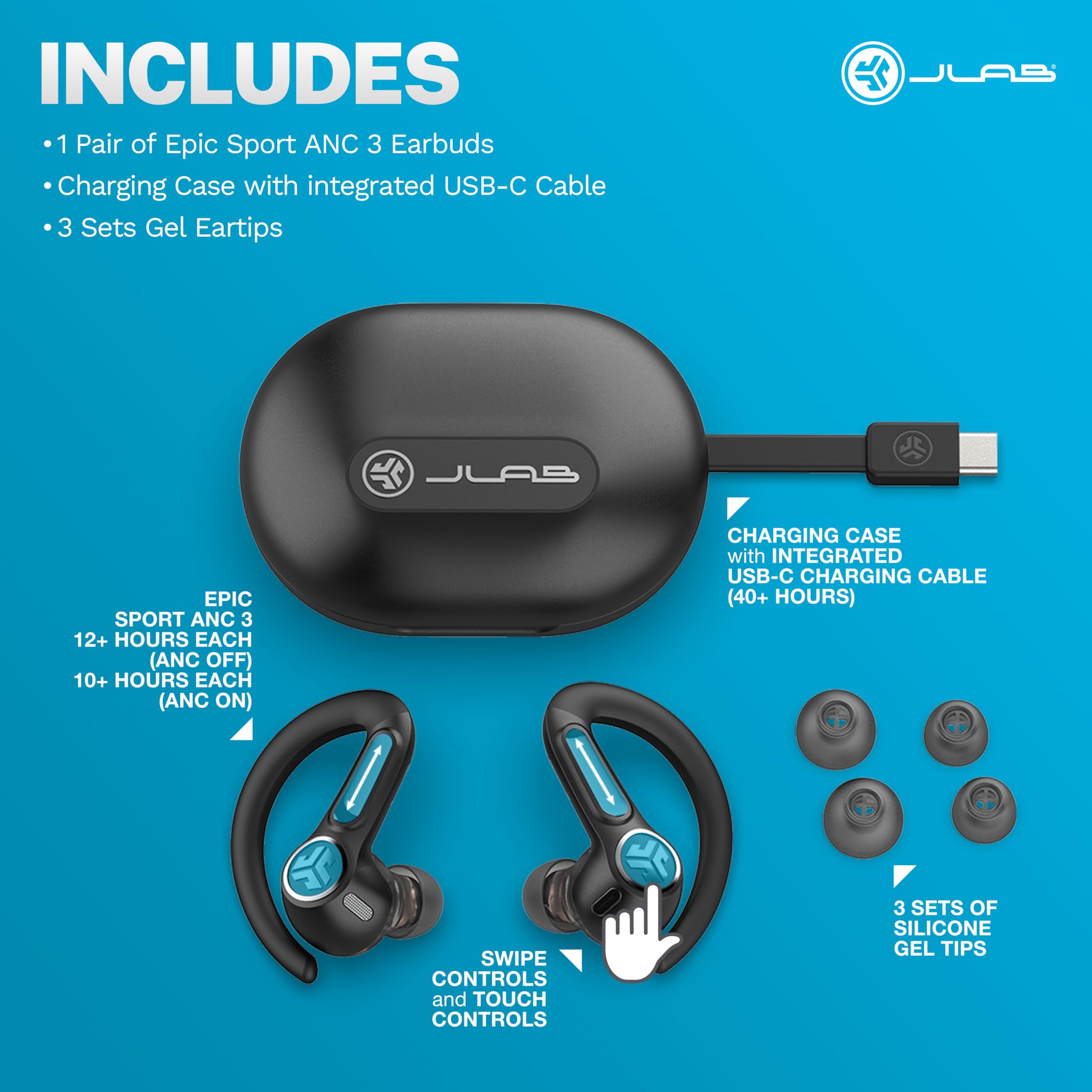 JLab Epic Air Sport ANC 3 True Wireless Bluetooth Earbuds for Active Workout, Hybrid Dual Drivers for Premium Sound, Hi-Res Audio, Spatial Audio, AAC, Sweatproof, 12+ Hours Playtime, Google Fast Pair - Image 7