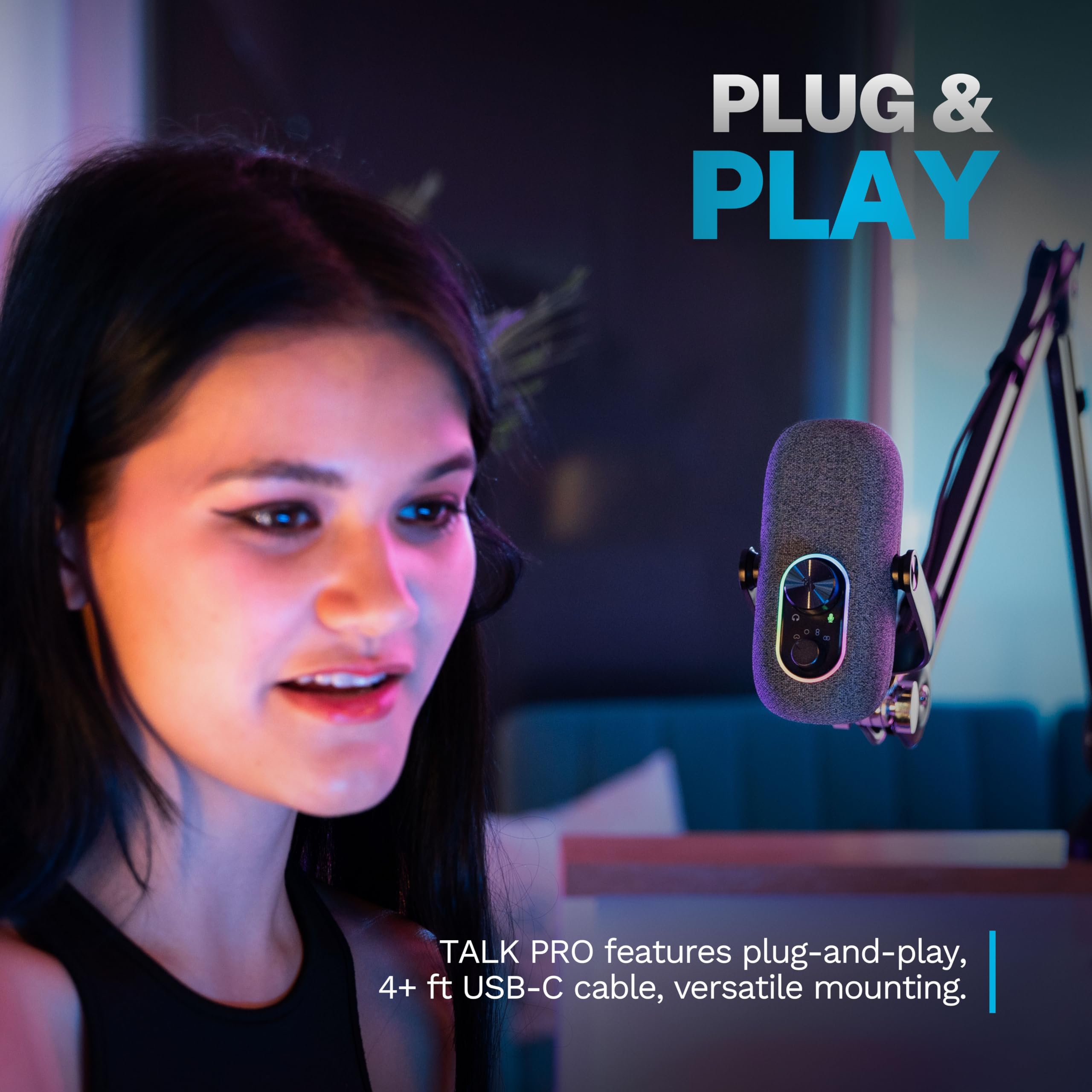 JLab Epic Talk USB Gaming Streaming Microphone, White, USB-C Output, Cardioid, Omni, Stereo, Bi-Directional, 192k Sample Rate, Volume Control, Gain Control, and Quick Mute, 3.5mm AUX, Plug and Play - Image 5