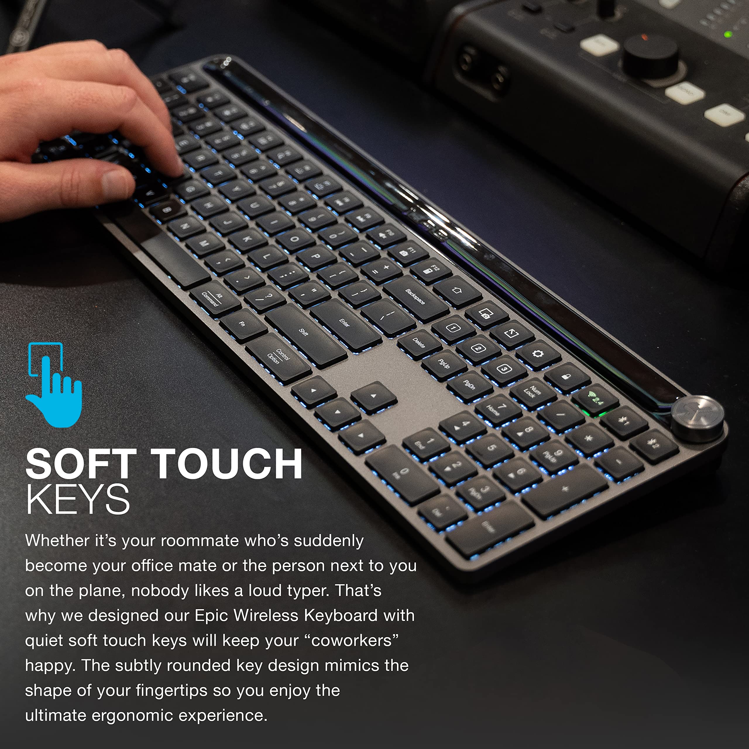 JLab Epic Wireless Keyboard, Black, 108 Keys, Connect Via Bluetooth or USB Wireless Dongle, Multi-Device Toggle, Soft Touch Keys, Smart Media Knob, Custom User Profiles, Rechargeable (1 Pack) - Image 6