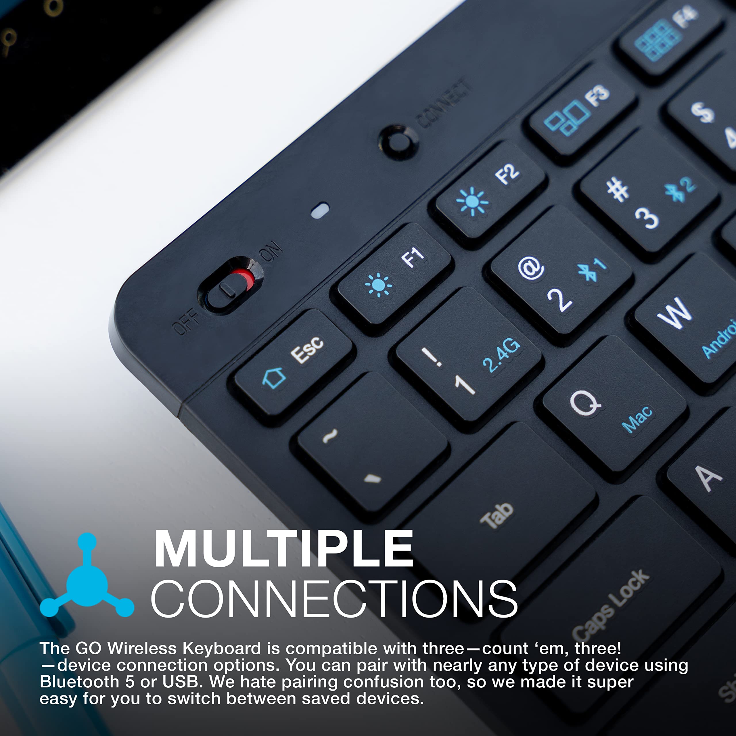 JLab Go Wireless Keyboard, Black, Connect Via Bluetooth or USB Wireless Dongle, Multi-Device Ultra-Compact for a Minimalist or Portable Set-Up (1 Pack) - Image 7