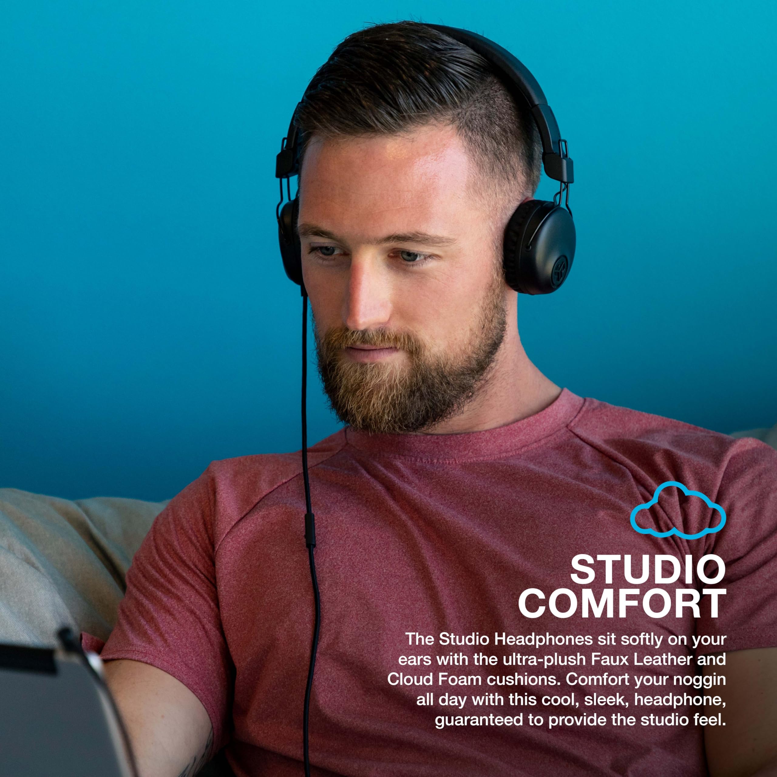 JLab Studio Wired On-Ear Headphones, Black, Tangle Free Cord, Ultra-Plush Faux Leather with Cloud Foam Cushions, 40mm Neodymium Drivers with C3 Sound - Image 3