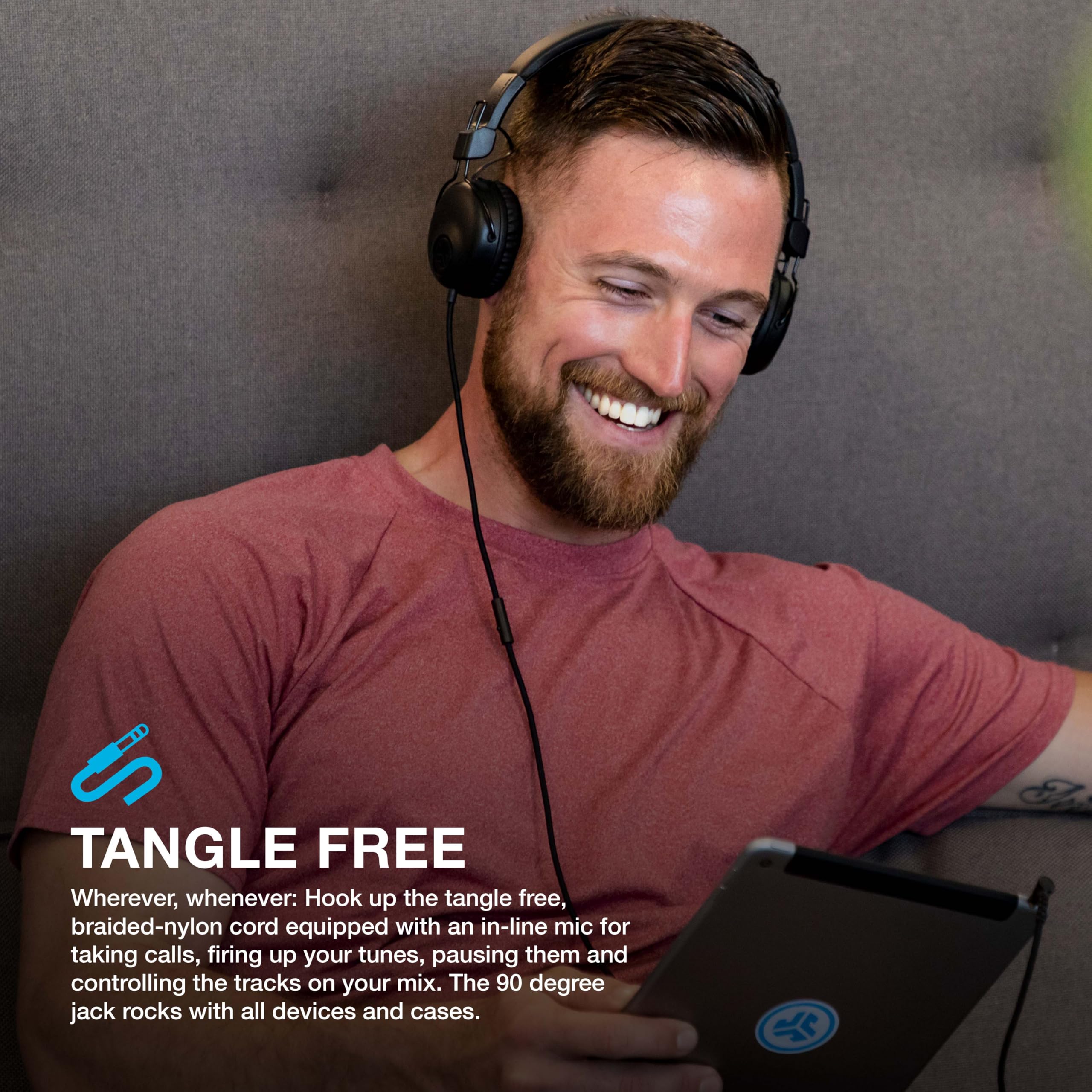 JLab Studio Wired On-Ear Headphones, Black, Tangle Free Cord, Ultra-Plush Faux Leather with Cloud Foam Cushions, 40mm Neodymium Drivers with C3 Sound - Image 4