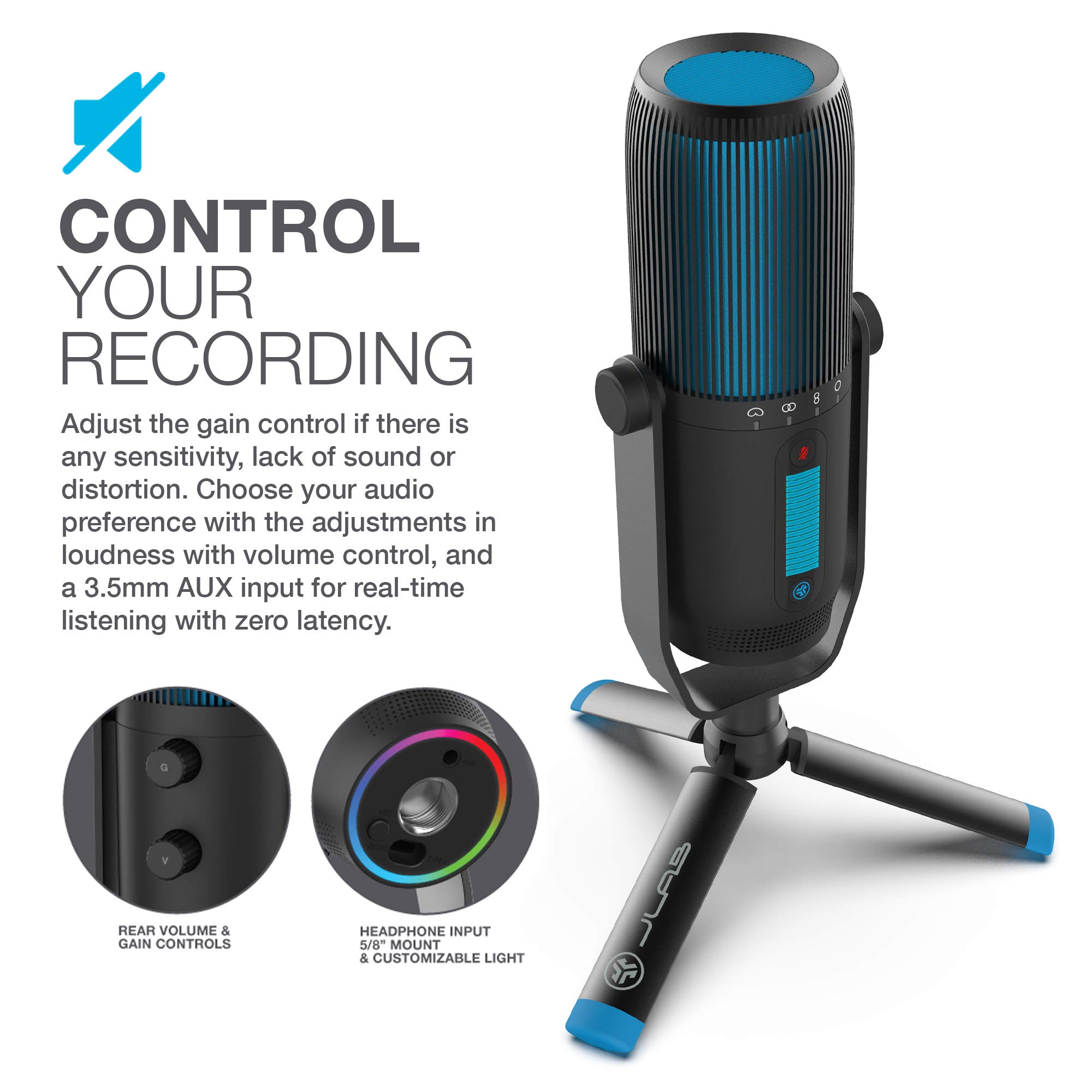 JLab Talk Pro USB Microphone, USB-C Output, Cardioid, Omnidirectional, Stereo, Bidirectional, 192k Sample Rate, 20Hz-20kHz Frequency Response, Volume, Gain Control, Quick Mute, Plug & Play - Image 5