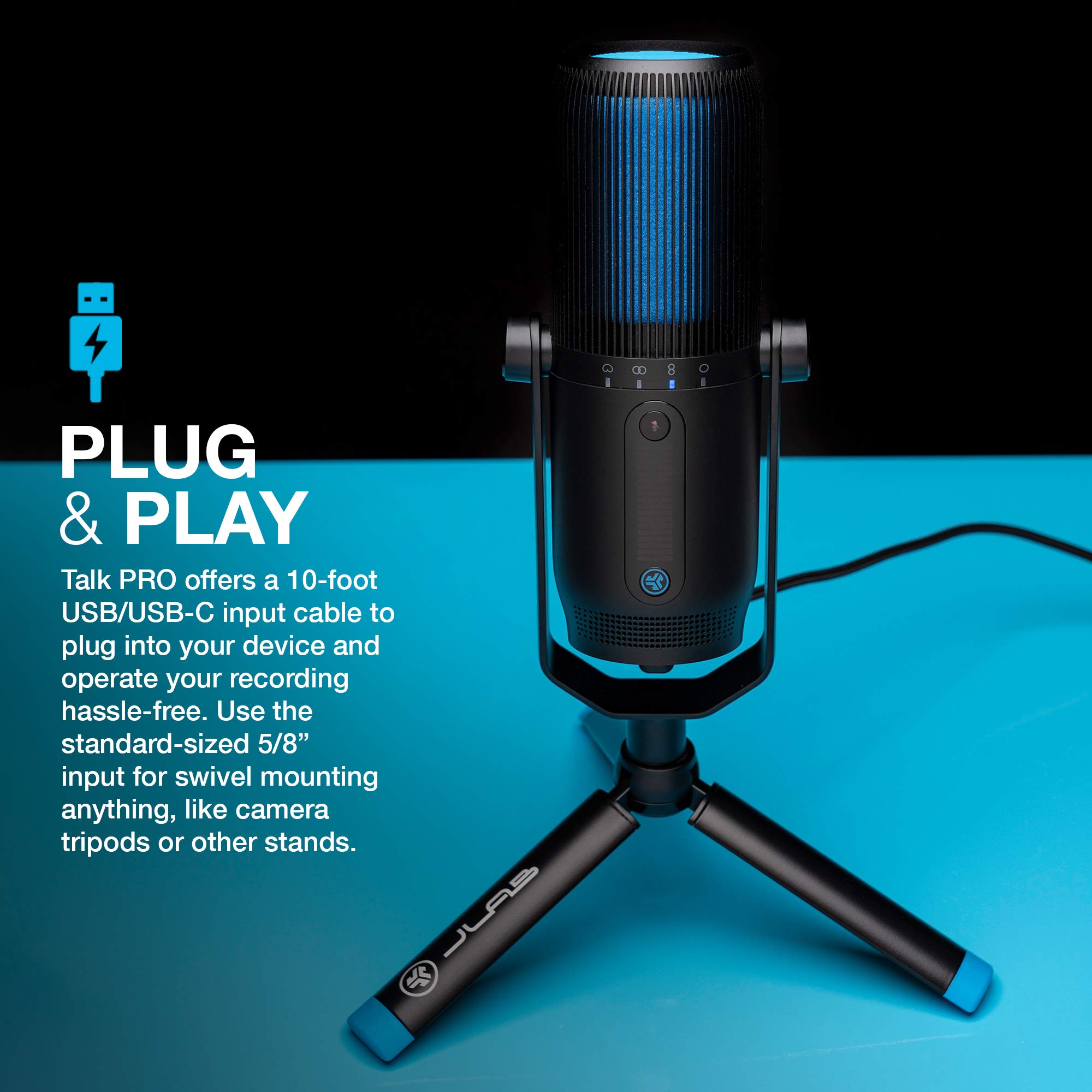 JLab Talk Pro USB Microphone, USB-C Output, Cardioid, Omnidirectional, Stereo, Bidirectional, 192k Sample Rate, 20Hz-20kHz Frequency Response, Volume, Gain Control, Quick Mute, Plug & Play - Image 6