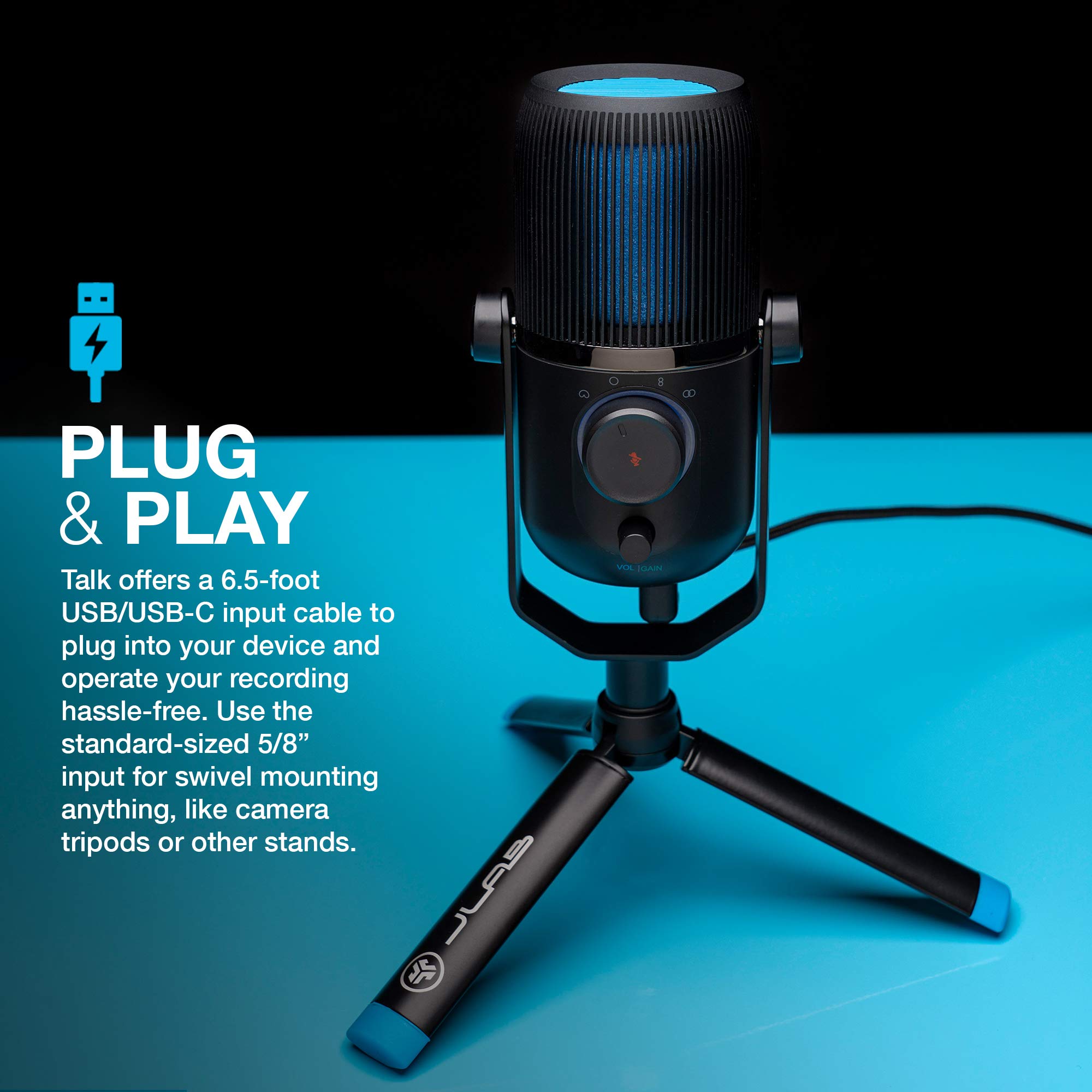 JLab Talk USB Microphone, USB-C Output, Cardioid, Omnidirectional, Stereo or Bidirectional, 96k Sample Rate, 20Hz, 20kHz Frequency Response, Volume, Gain Control, Quick Mute, Plug & Play - Image 6
